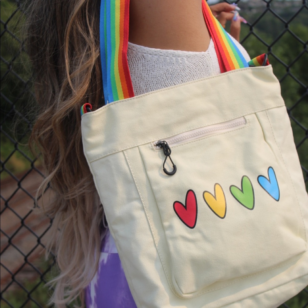Rainbow stripe heart print tote